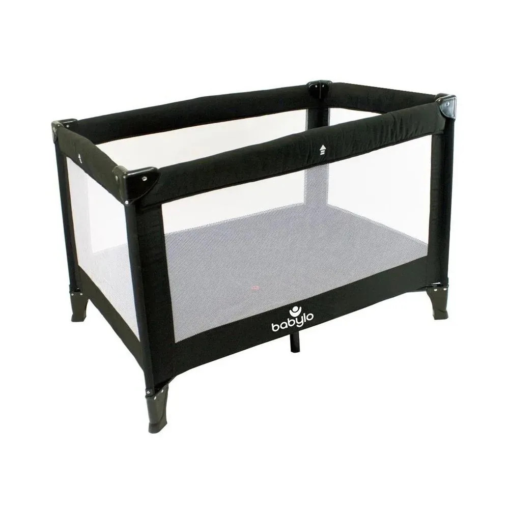 Babylo Alpha Travel Cot BLACK, Mattress & 2Pk Fitted Sheets