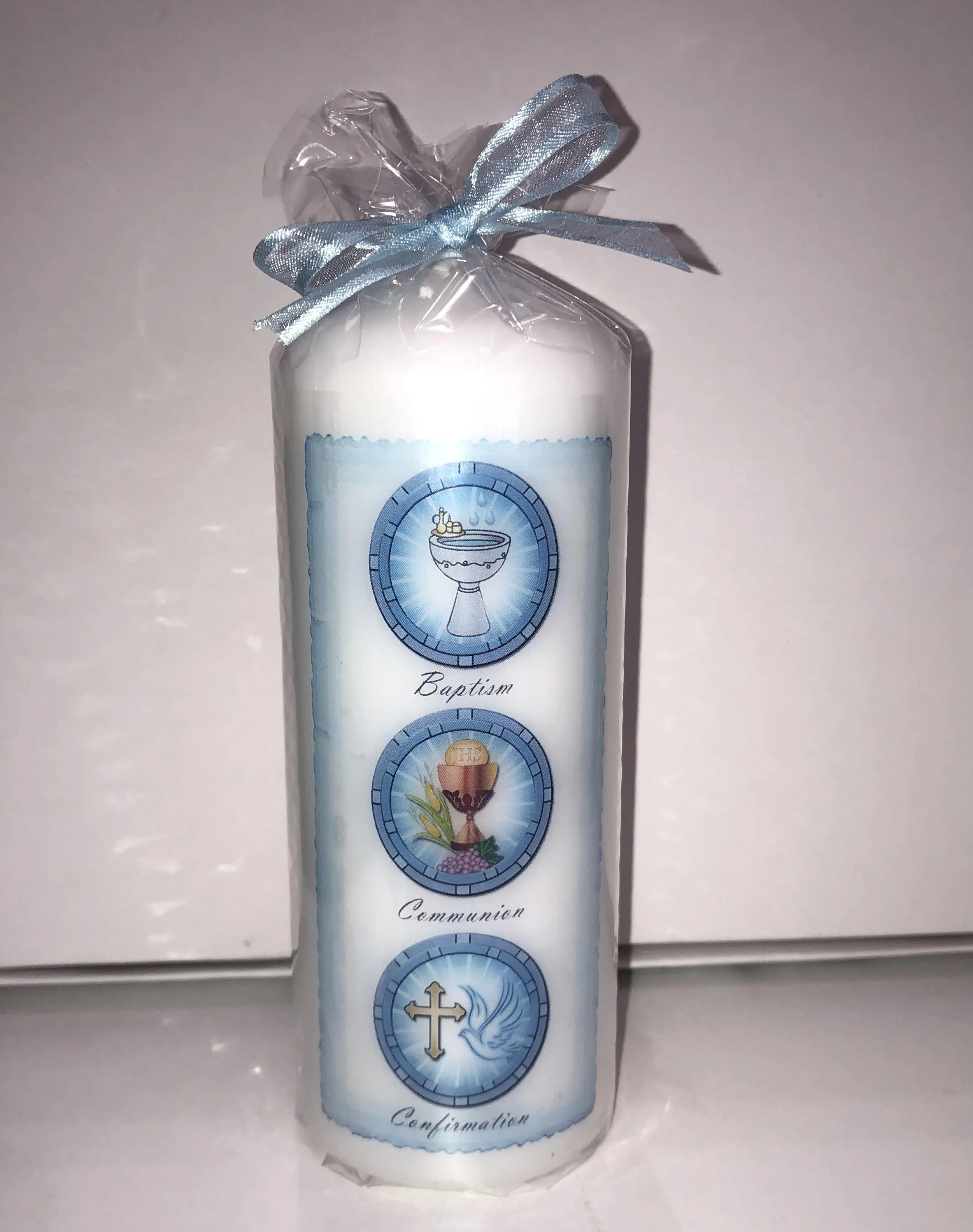 The Three Sacraments Christening Candle Blue