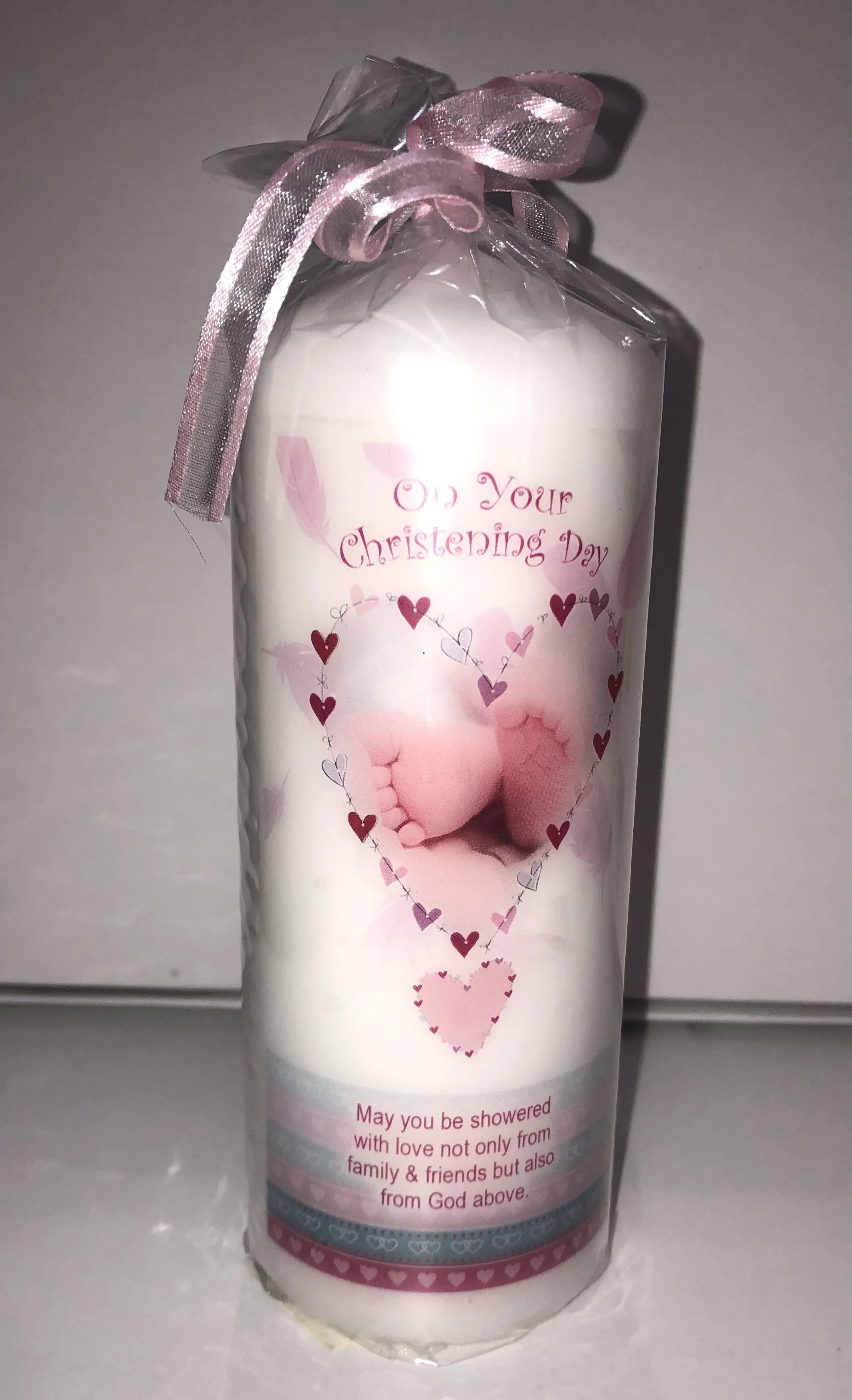 Heart and Feet Christening Candle Pink