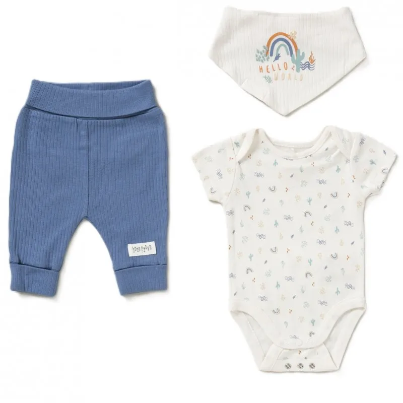 HOMEGROWN baby boys blue 3 piece set with reversible bib D07190 
