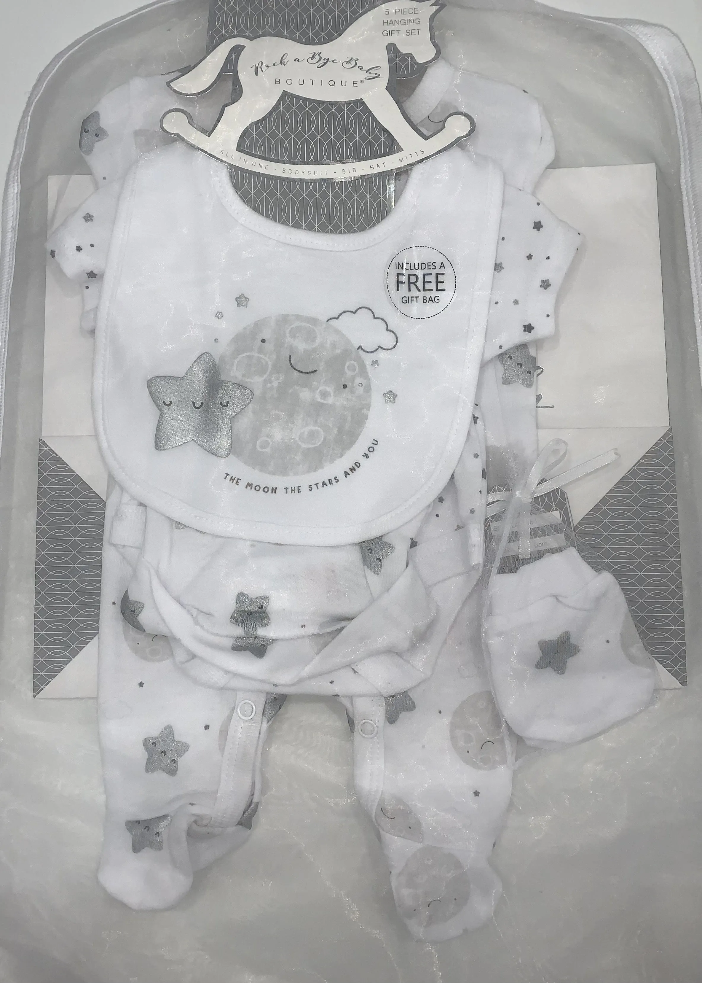 ROCK A BYE BABY white newborn 5peice layette set moon d07361 