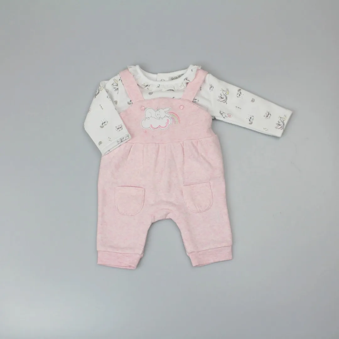 watch me grow newborn girl pink marl fleece bunny 2pc dungaree set dgs/f12510