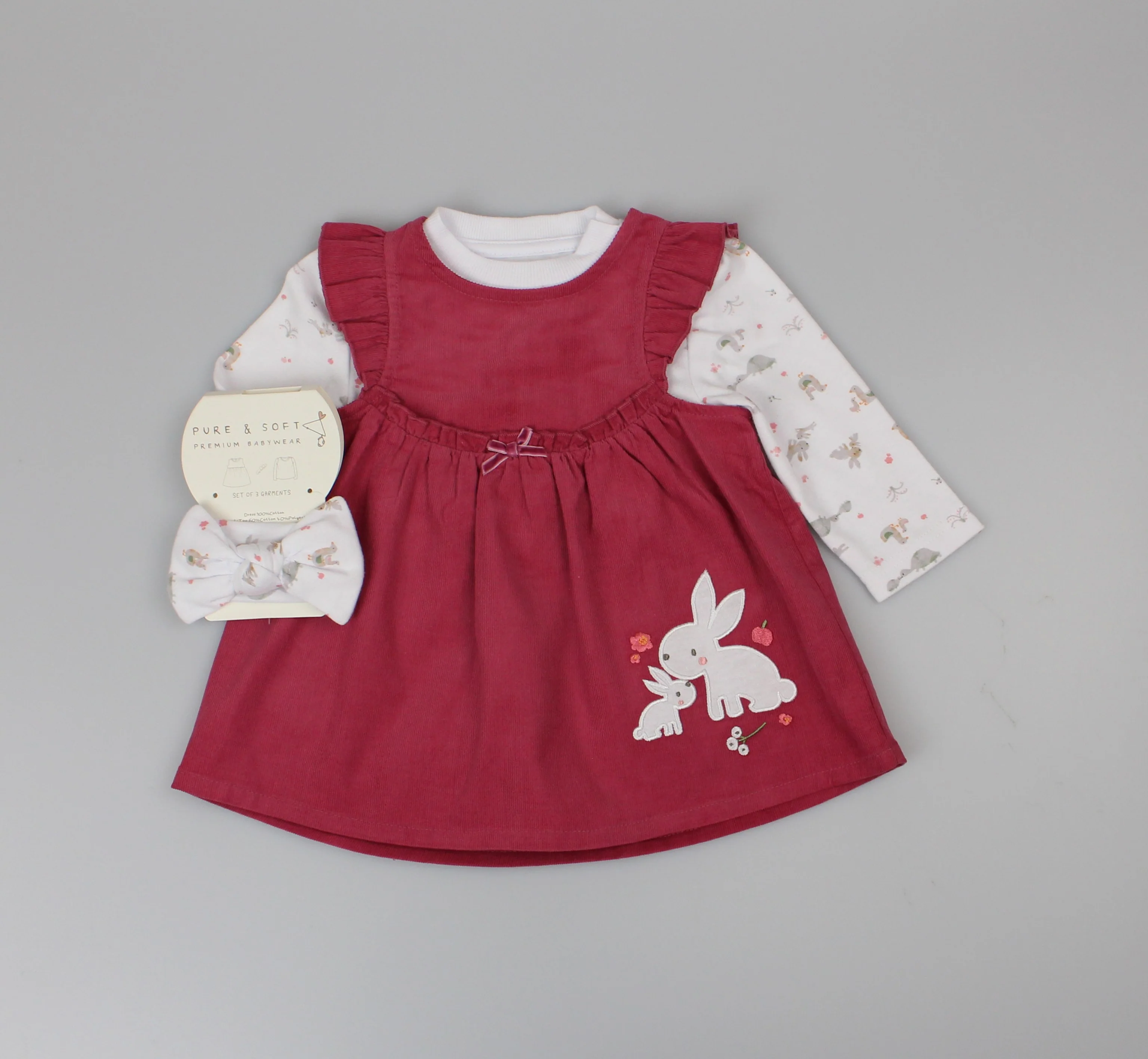 PURE AND SOFT baby girls cord rasberry bunny dress with headband h13549