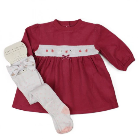 PURE AND SOFT baby girls rasberry cord dress with tights and headband h13550