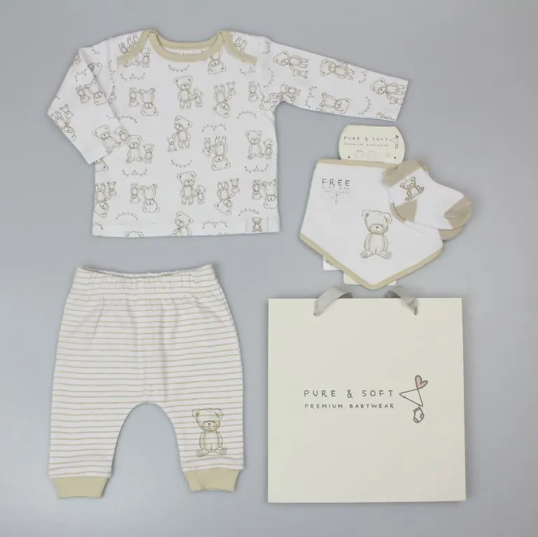 PURE & SOFT beige teddy bear 4peice layette set gft/h13659