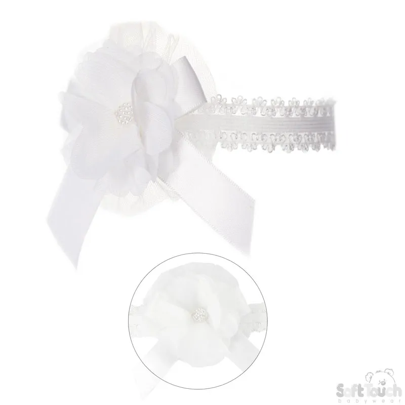 SOFT TOUCH white lace headband w/flower, bow & gem HB45-W