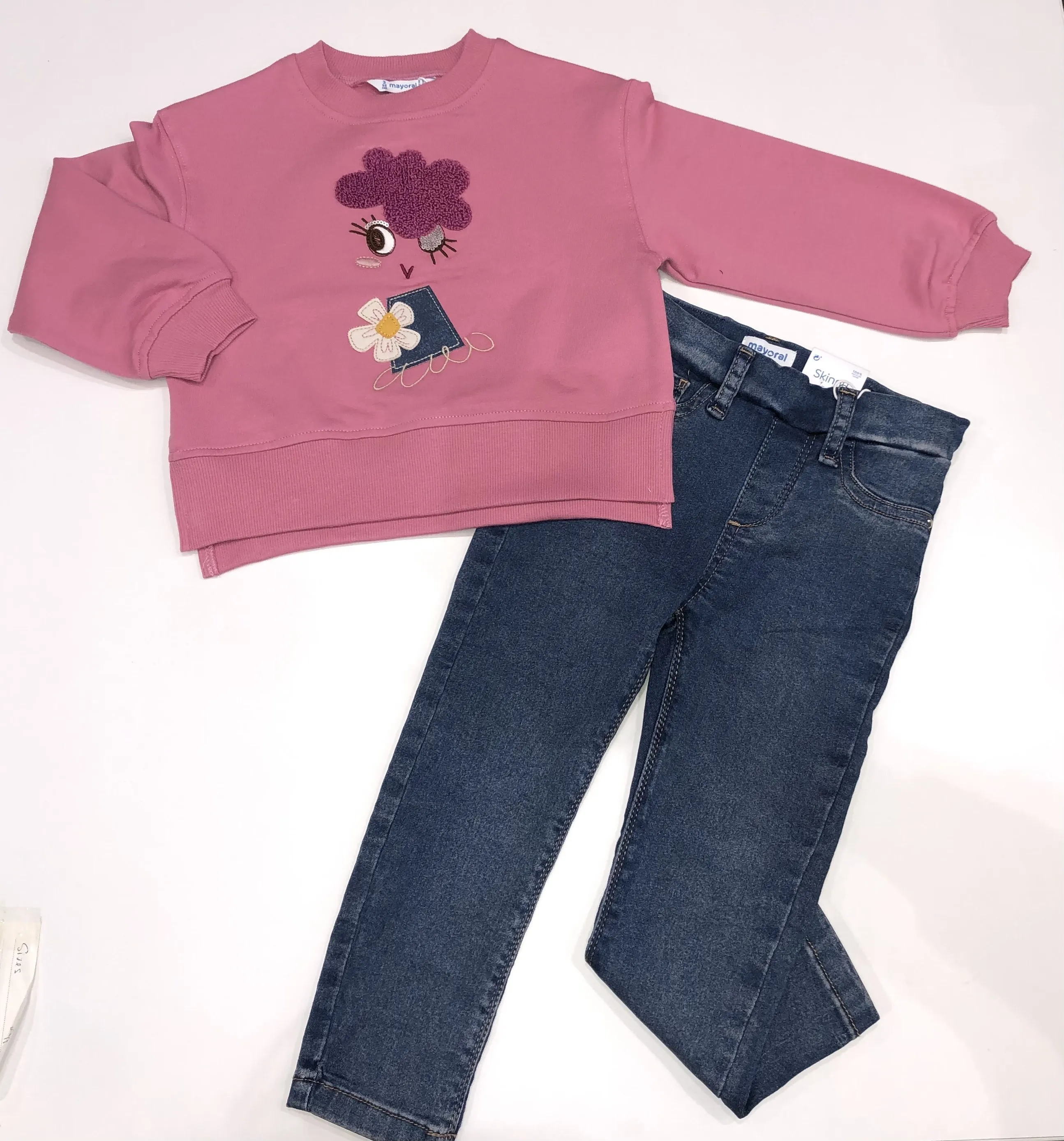 MAYORAL kid girls 2pc set pink embroidered pullover and basic denim pant 4482aw24