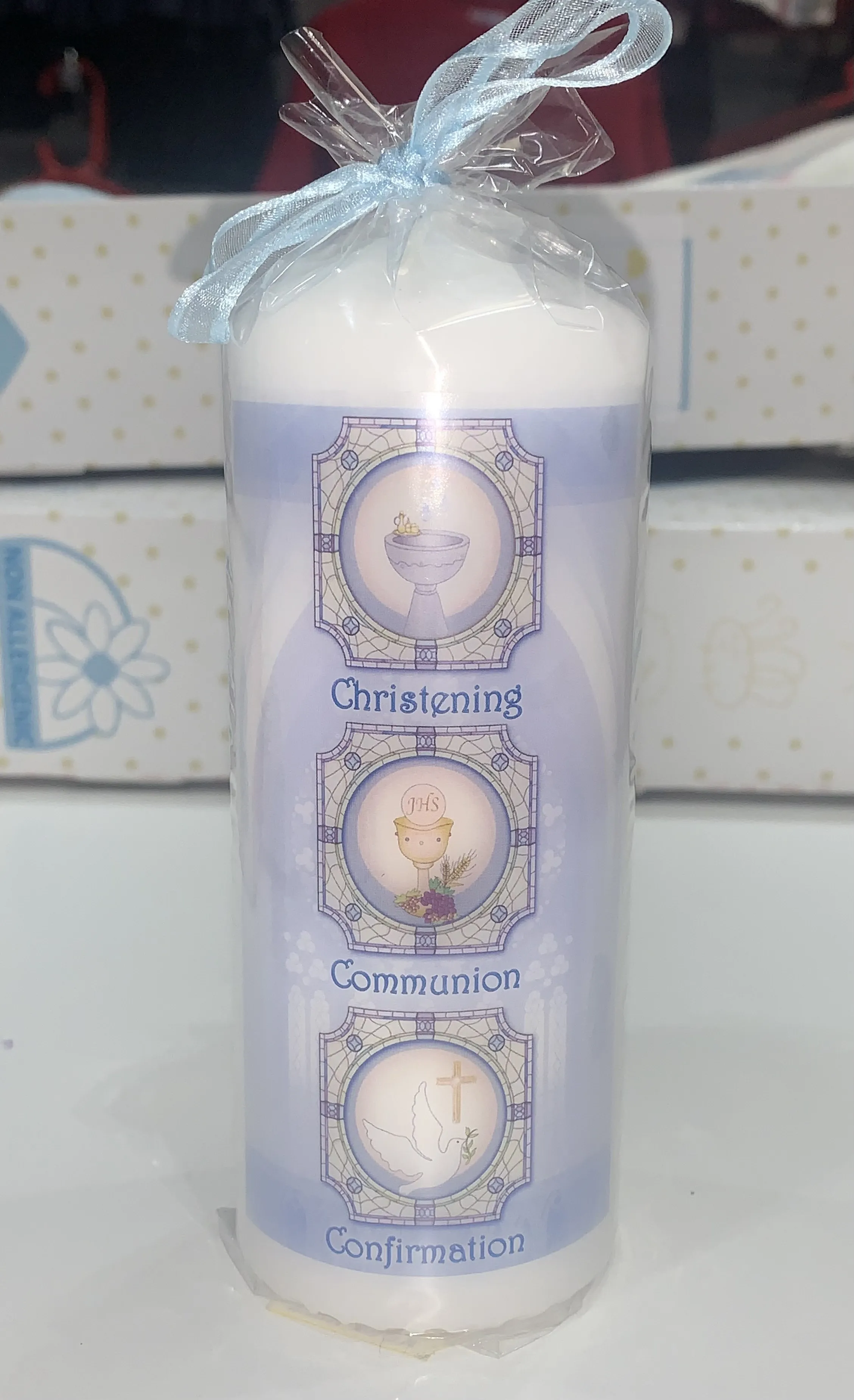 the three sacraments stainglass christening candle blue 