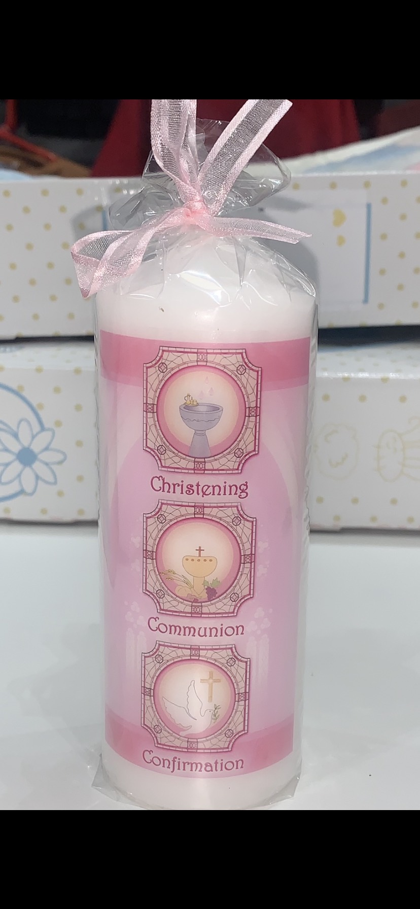 the three sacraments stainglass window christening candle pink 