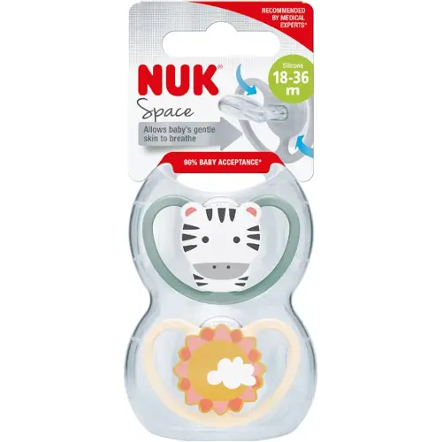 nuk 18-36m 2pk silicone soothers space zebra