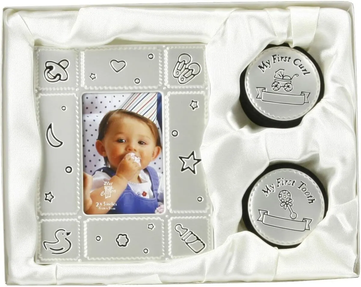 HELLO BABY gift set My First Curl , Tooth and Photo Frame Silver cg123