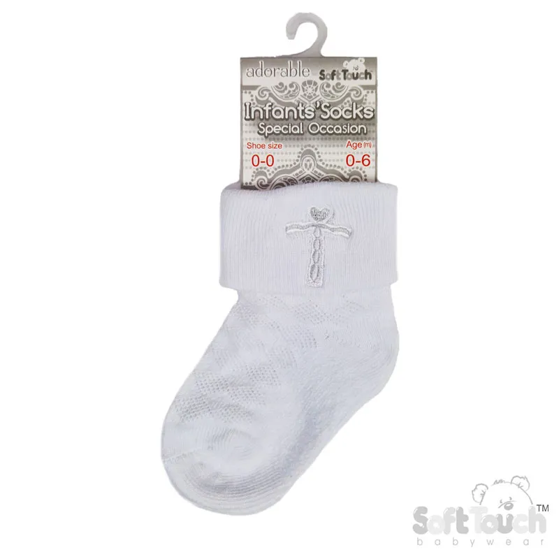 SOFT TOUCH white ankle socks w/grey cross embroidery S11-G