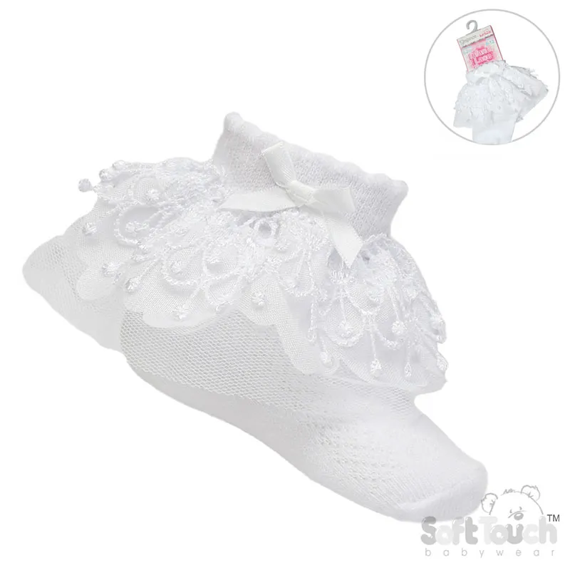 SOFT TOUCH white ankle socks w/bell lace & bow S344-W
