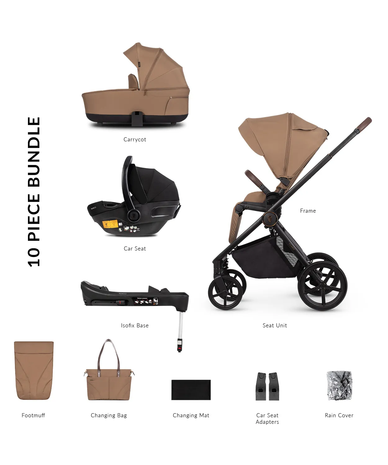 Venicci Claro 10 Piece 3in1 Travel System Caramel